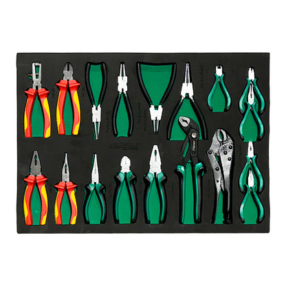 Zestaw szczypiec i kombinerki z czerwono-żółtymi oraz zielonymi uchwytami ułożony na czarnej macie