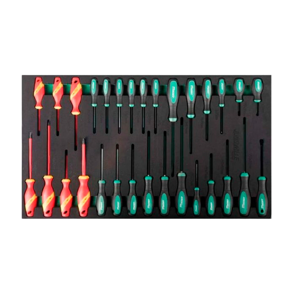 Zestaw śrubokrętów z wkładką EVA, zielono-czarne i czerwone rękojeści, różne rozmiary