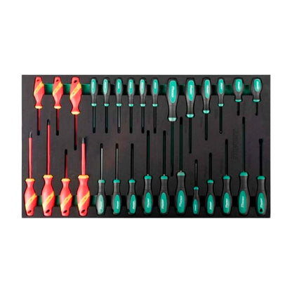 Zestaw śrubokrętów z wkładką EVA, zielono-czarne i czerwone rękojeści, różne rozmiary