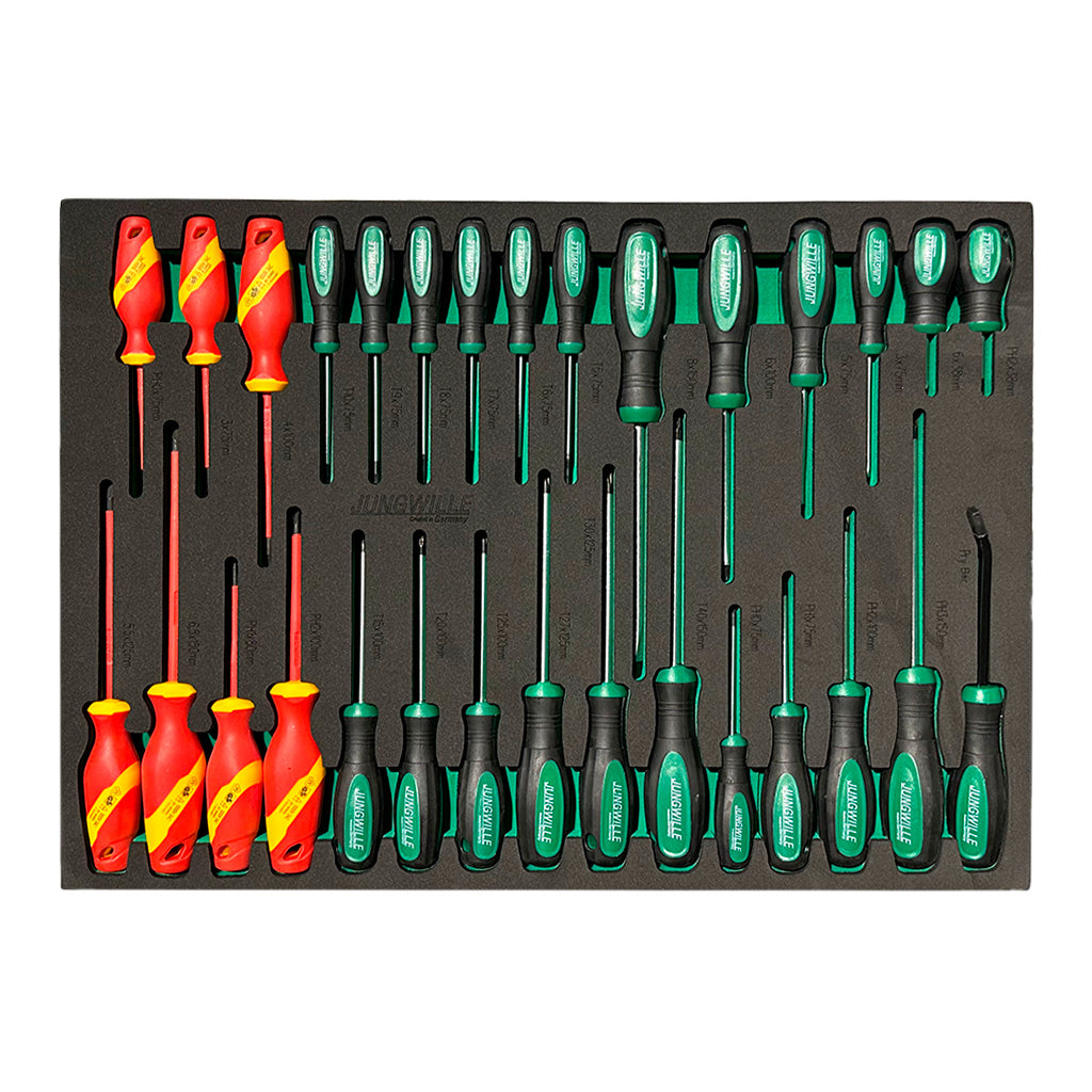 Zestaw precyzyjnych izolowanych śrubokrętów Jungwille w piankowej wkładce narzędziowej