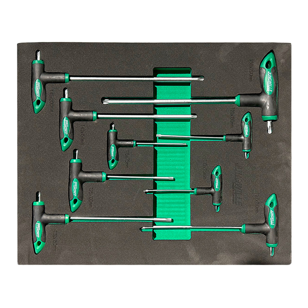 Zestaw kluczy T hex nasadki z zielono-czarnymi uchwytami w czarnej piankowej tacy