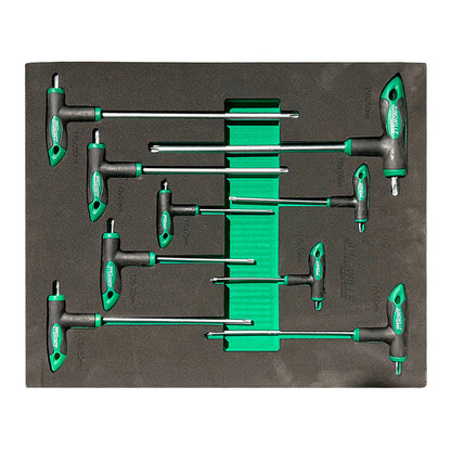 Zestaw kluczy T hex nasadki z zielono-czarnymi uchwytami w czarnej piankowej tacy