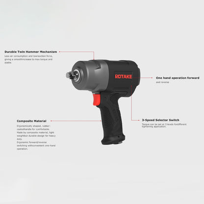 Klucz pneumatyczny udarowy 1/2 Rotake RT-5276 ze schematem funkcji.