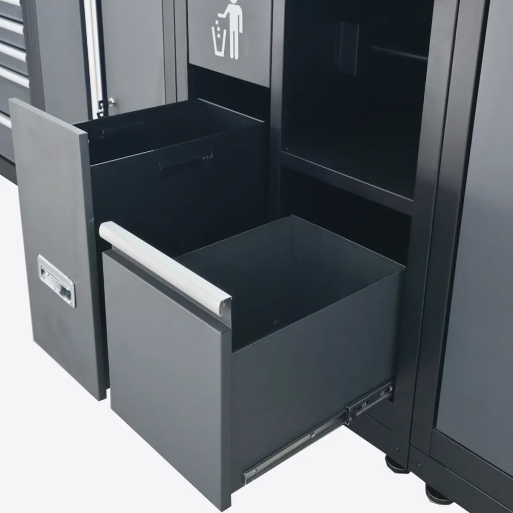 System meblowy RETTER RTX-0900 – wysunięte głębokie szuflady modułu z pojemnikiem na odpady i miejscem na czyściwo papierowe