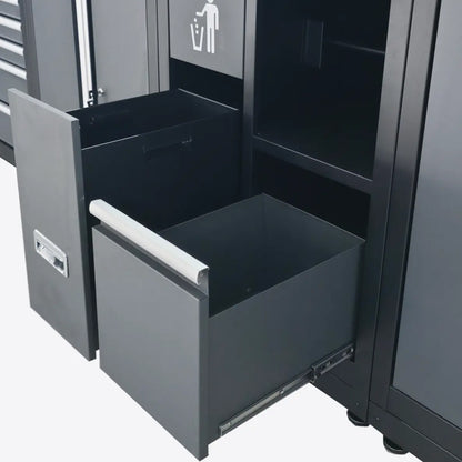 System meblowy RETTER RTX-0900 – wysunięte głębokie szuflady modułu z pojemnikiem na odpady i miejscem na czyściwo papierowe