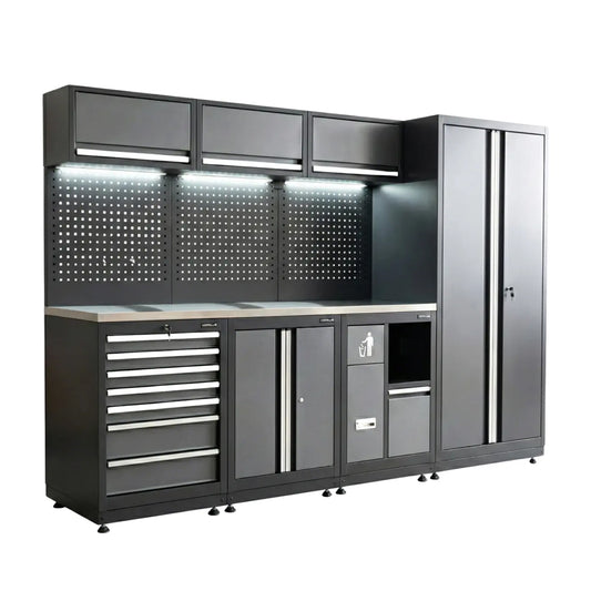 Zabudowa warsztatowa RETTER RTX-0900 – profesjonalne meble garażowe z blatem INOX, widok z boku pod kątem