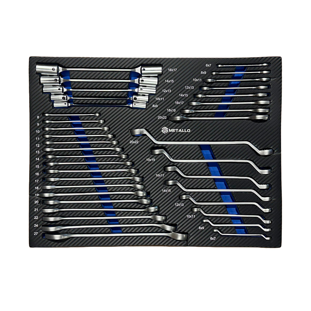 Zestaw kluczy płasko-oczkowych giętych i nasadowych METALLO w wyłożonej, czarnej tacy