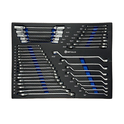 Zestaw kluczy płasko-oczkowych giętych i nasadowych METALLO w wyłożonej, czarnej tacy