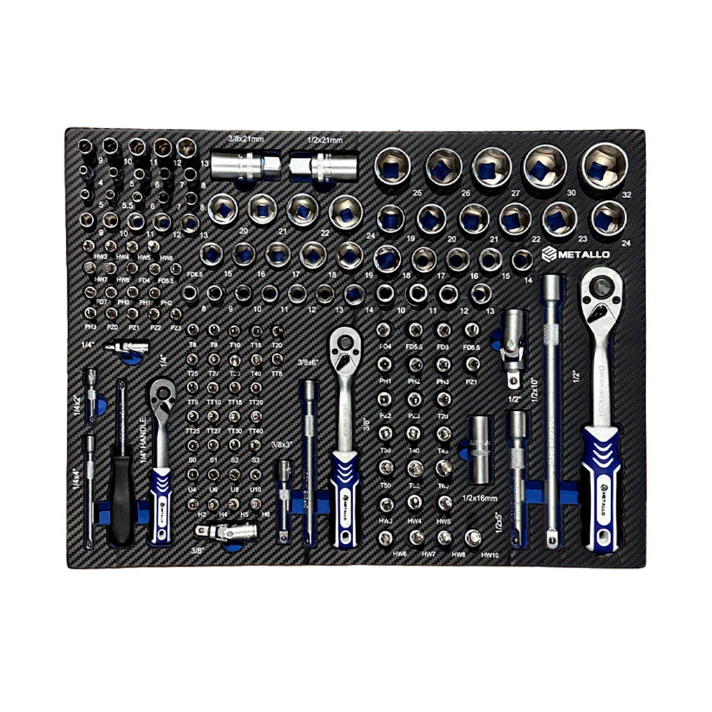 Zestaw narzędzi Metallo z nasadkami, grzechotkami, bitami i przedłużkami w organizerze