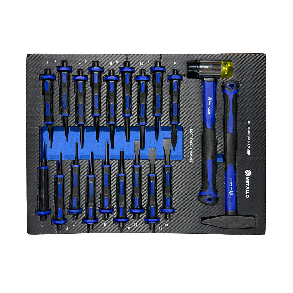 Zestaw narzędzi punktaków i młotków Metallo z antypoślizgowymi niebiesko-czarnymi uchwytami w etui