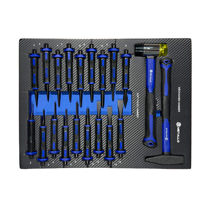 Zestaw narzędzi punktaków i młotków Metallo z antypoślizgowymi niebiesko-czarnymi uchwytami w etui