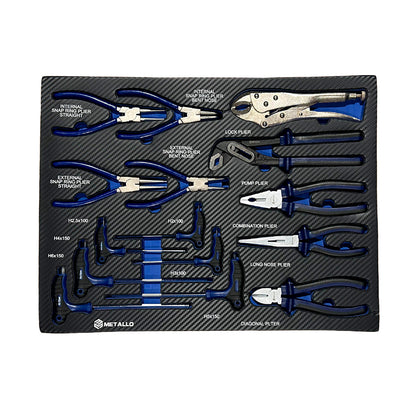 Zestaw narzędzi Metallo w piankowej wkładce, szczypce, klucze imbusy oraz kombinerki z niebieskimi uchwytami