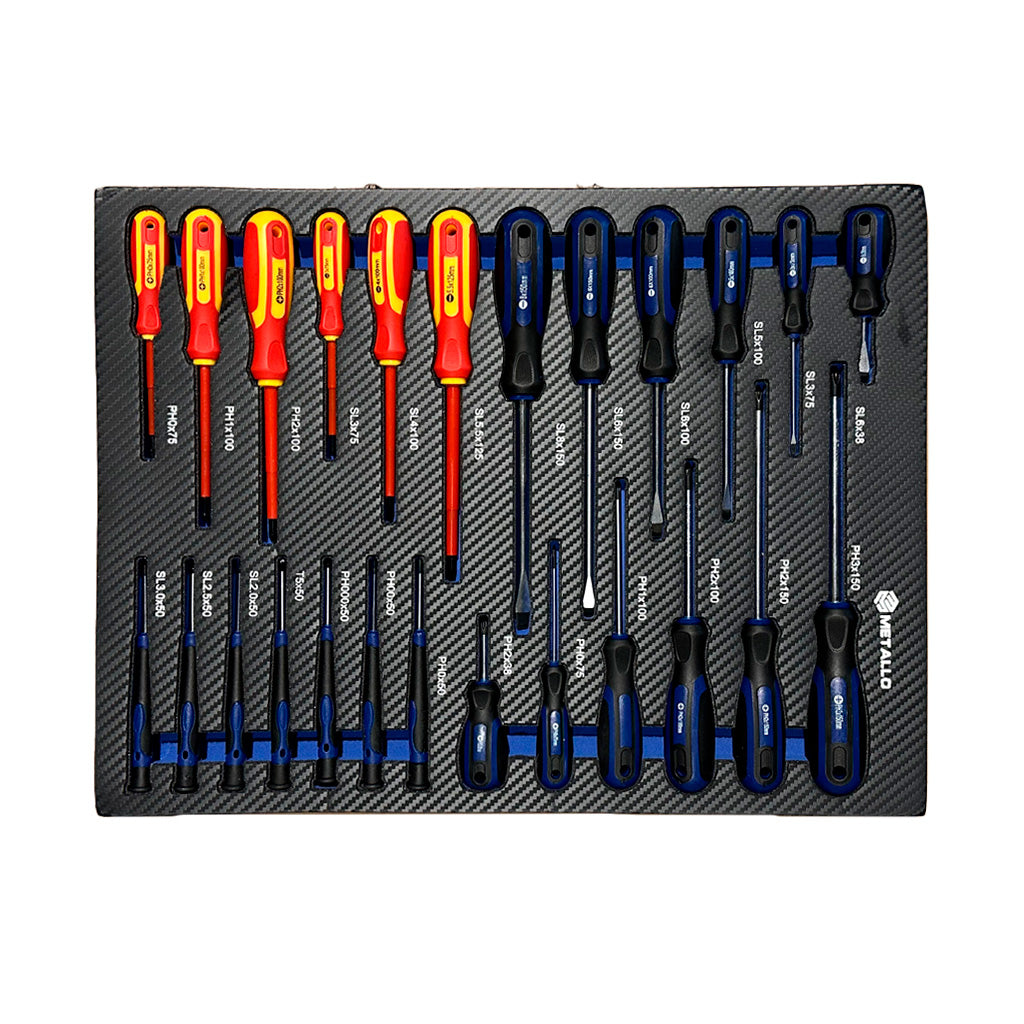 Zestaw precyzyjnych śrubokrętów Metallo izolowanych w organizerze z dwoma kolorami rączek