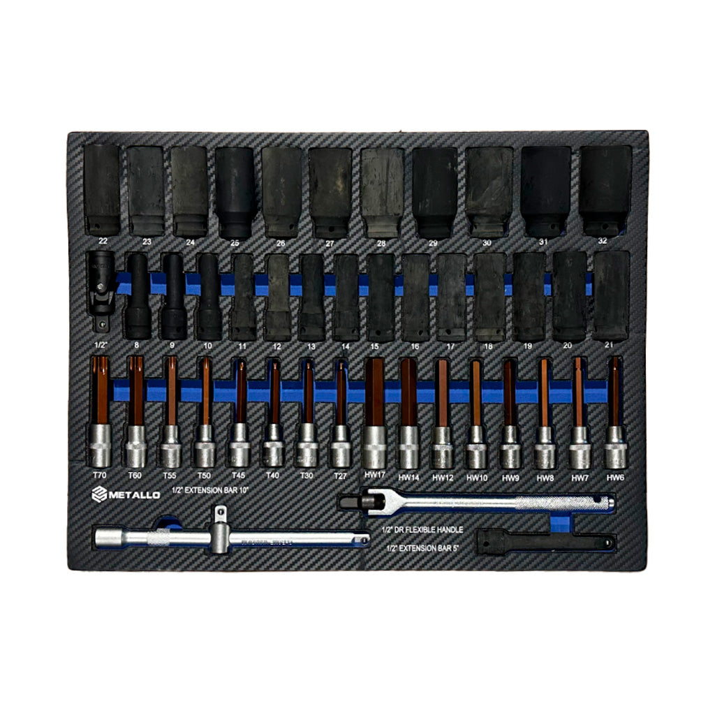 Zestaw nasadek Metallo Torx i imbus w organizerze z oznaczeniami rozmiarów od T70 do HW6