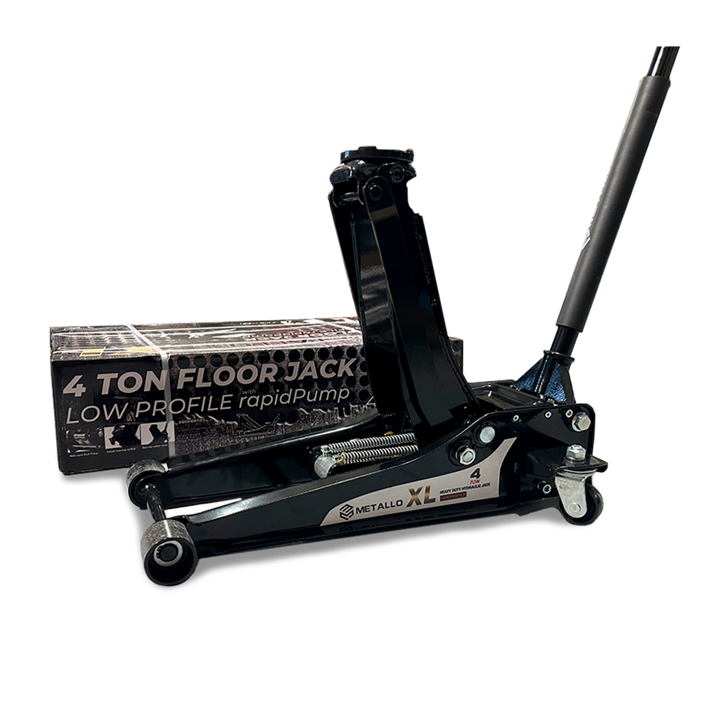 Niski podnośnik hydrauliczny Metallo XL 4 tony z szybkim pompowaniem na białym tle