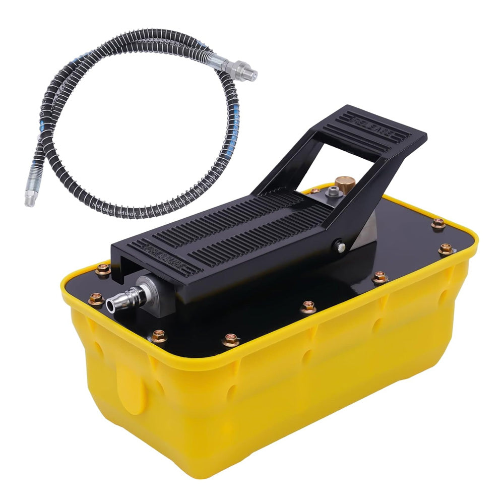 Żółta pompa pneumatyczno-hydrauliczna RETTER 10000 PSI z czarnym ciśnieniowym wężem hydraulicznym w oplocie stalowym