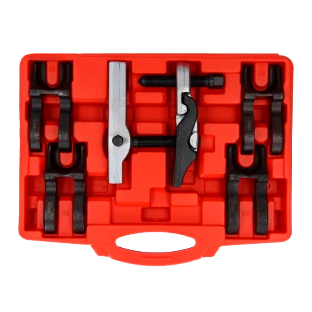 Zestaw ściągaczy sworzni zawieszenia w czerwonej walizce – pięć wymiennych końcówek do różnych średnic sworzni samochodowych