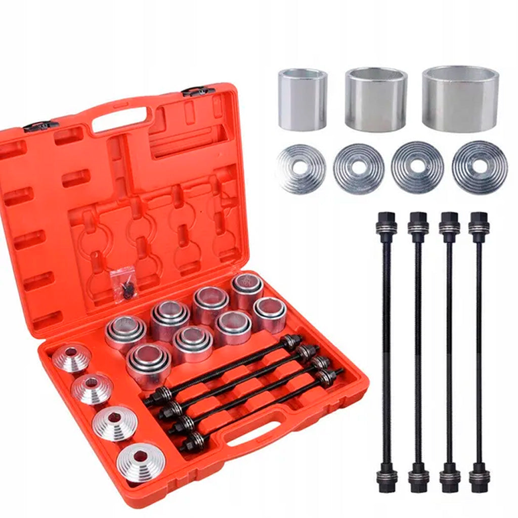 Ściągacz tulei wahacza – profesjonalny zestaw do montażu i demontażu tulei oraz łożysk zawieszenia z tulejami, tarczami i śrubami w walizce