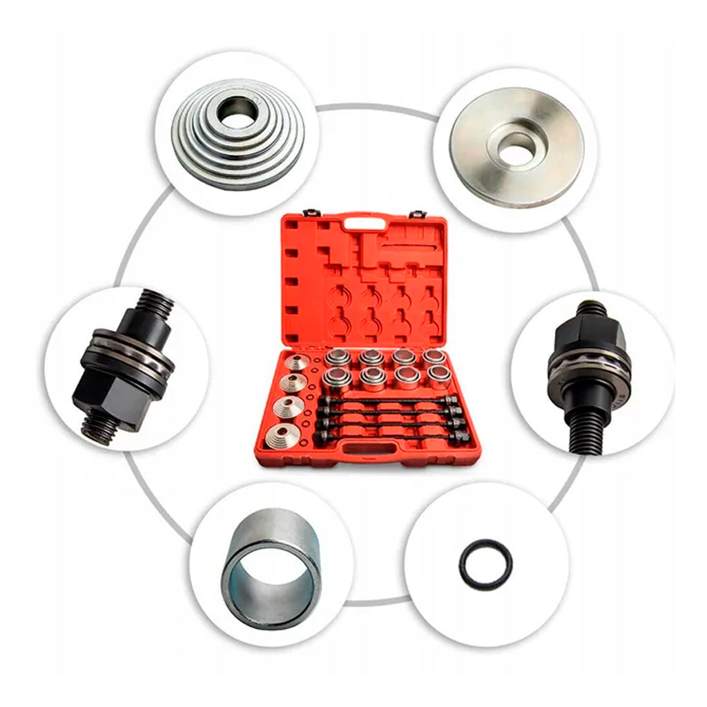 Ściągacz tulei wahacza – profesjonalny zestaw do montażu i demontażu tulei oraz łożysk zawieszenia w czerwonej walizce