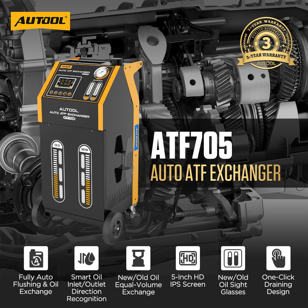 Вигляд збоку станції AUTOOL ATF705, що показує подвійні сервісні шланги та роз'єми для підключення до автомобіля