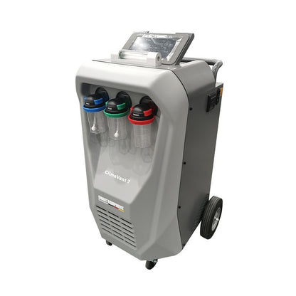 Stacja do obsługi klimatyzacji Smart Equipment ClimaVent 7 z widocznymi przewodami i bocznym kołem.