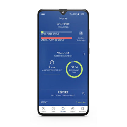 Aplikacja mobilna KONFORT CONNECTED na smartfonie wskazująca stan stacji do obsługi klimatyzacji TEXA.
