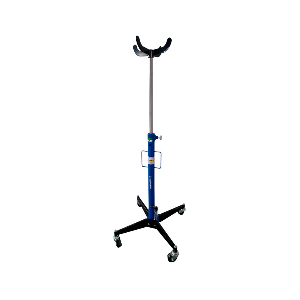 Regulowany stojak Atlantic do skrzyni biegów, z czteroramienną podporą i kółkami jezdnymi, przeznaczony do podtrzymywania podzespołów podczas prac serwisowych.