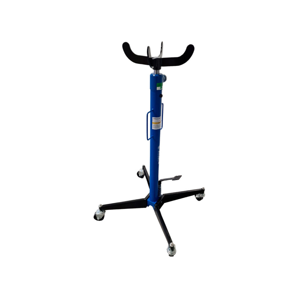 Stojak Atlantic do skrzyni biegów, z regulowaną wysokością, czteroramienną podporą i kółkami jezdnymi, przeznaczony do prac serwisowych przy pojeździe.