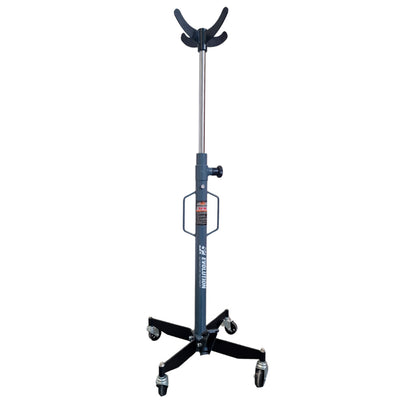 Regulowany stojak hydrauliczny do skrzyni biegów na kółkach, z uchwytem podporowym do podtrzymywania podzespołów podczas prac serwisowych w pojeździe.