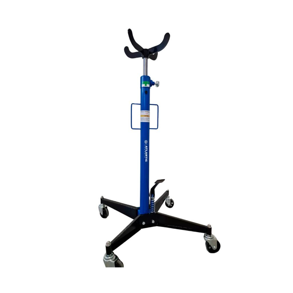 Regulowany stojak warsztatowy do skrzyni biegów marki Atlantic, z czteroramienną podporą i kółkami jezdnymi do prac serwisowych przy układzie napędowym pojazdu.