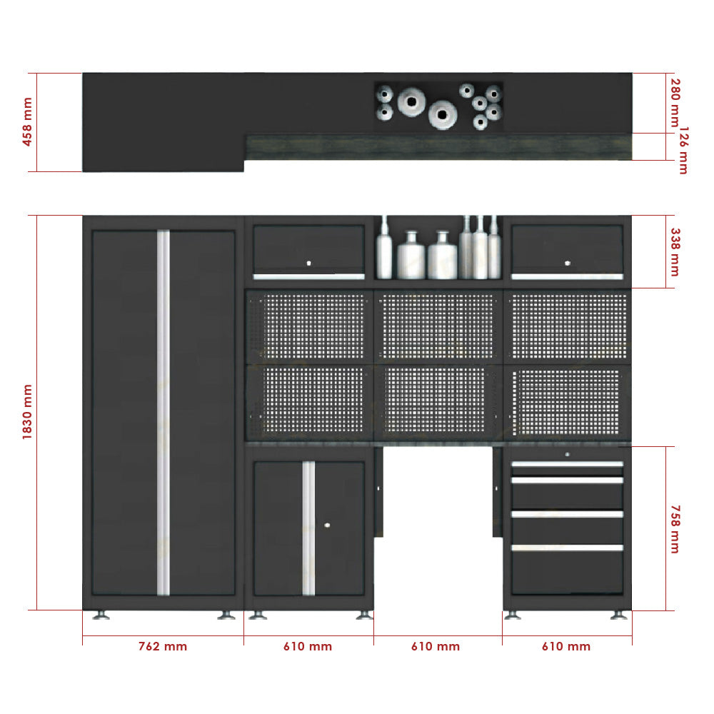 Stół warsztatowy Smart Equipment 17-0002 schemat z wymiarami poszczegolnych modulow.