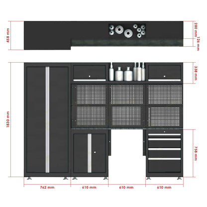 Stół warsztatowy Smart Equipment 17-0002 schemat z wymiarami poszczegolnych modulow.