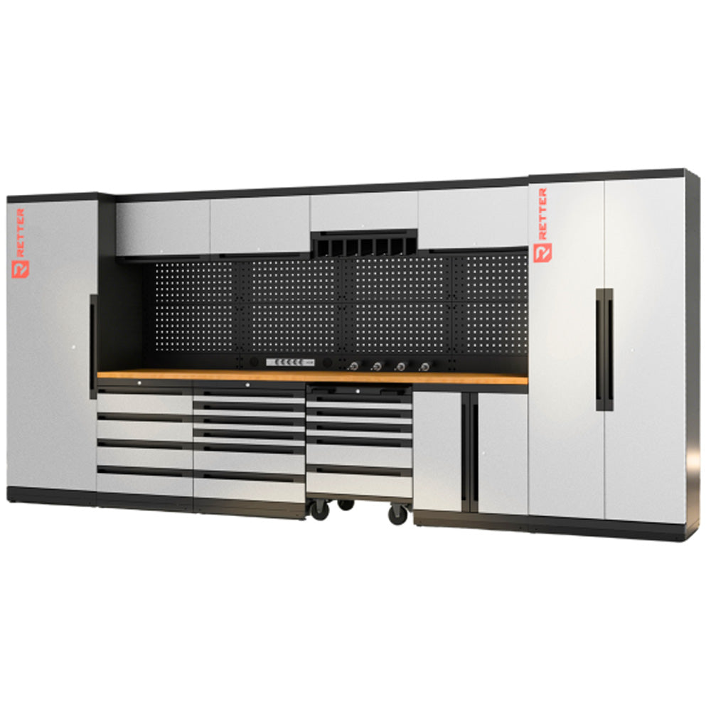 Retter RT-2000 workshop cabinet system with gray fronts and a wooden worktop.