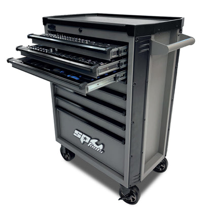 Wózek warsztatowy SP Tools 888 Series T850150 z wysuniętymi szufladami.