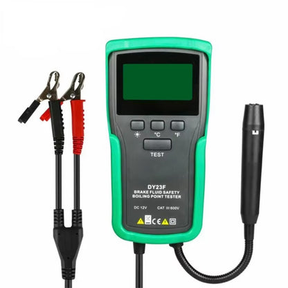 Cyfrowy tester płynu hamulcowego DY23F – zielono-czarny przyrząd diagnostyczny z sondą pomiarową i krokodylkami 12V