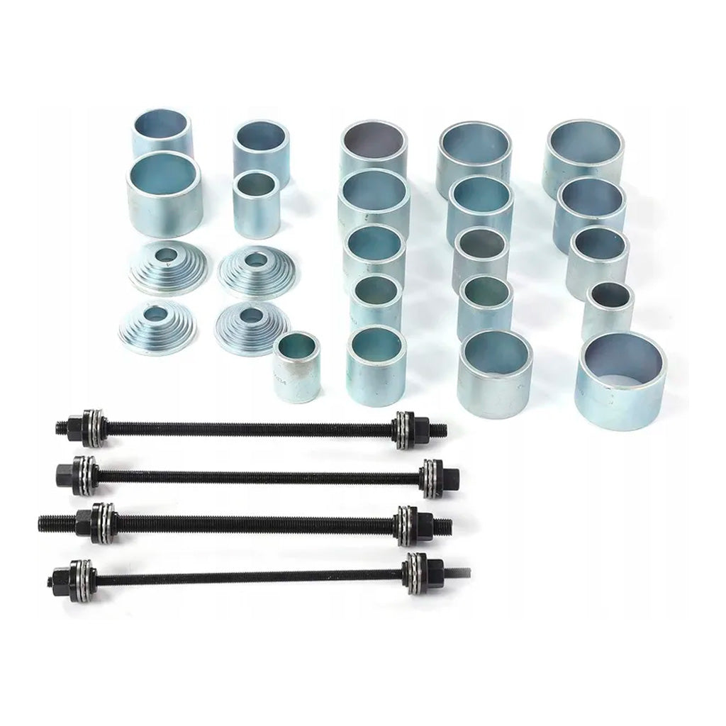 Tuleje i adaptery zestawu do ściągania tulei wahacza – elementy do montażu i demontażu tulei metalowo-gumowych
