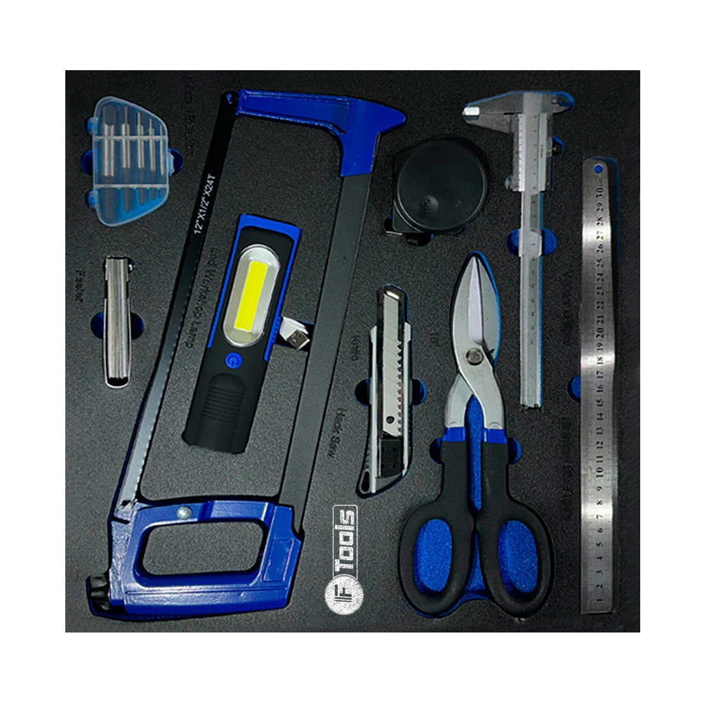 Wózek warsztatowy FTools 11/9 – organizer z piłą do metalu, latarką, nożycami do blachy, suwmiarką i miarą