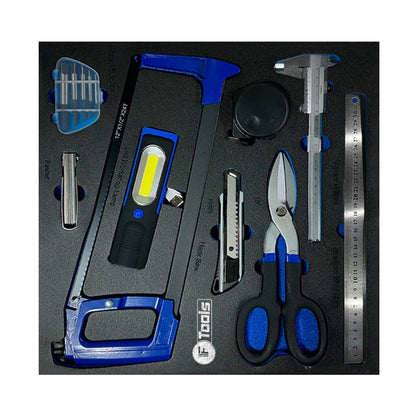 Wózek warsztatowy FTools 11/9 – organizer z piłą do metalu, latarką, nożycami do blachy, suwmiarką i miarą