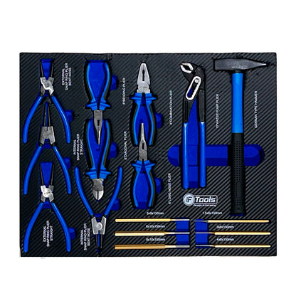Szary wózek warsztatowy FTools 12/10 PRO – organizer z różnymi rodzajami szczypiec (w tym Seegera), młotkiem ślusarskim i wybijakami