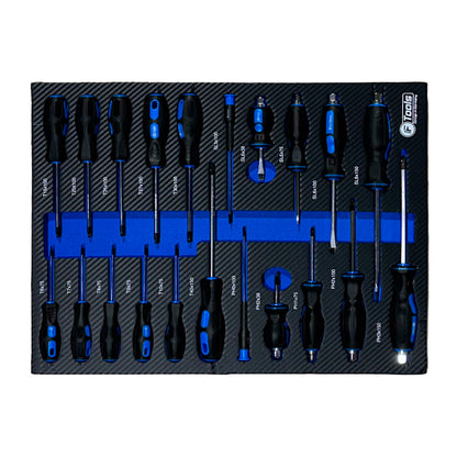 Szary wózek warsztatowy FTools 12/10 PRO – organizer do szuflady z zestawem wkrętaków płaskich, krzyżowych i Torx