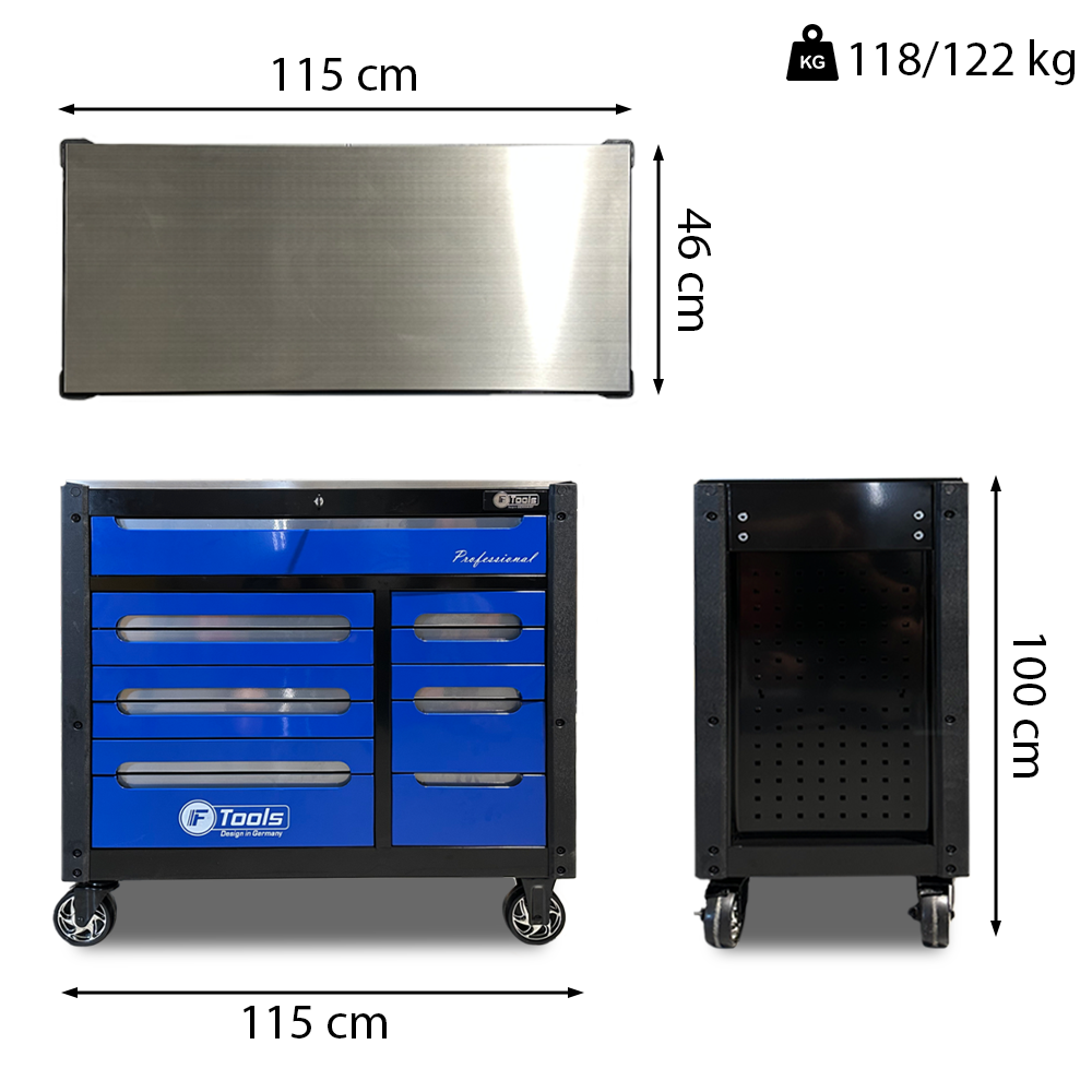 Wózek warsztatowy FTools 12/12 PRO o wymiarach 115x46x100 cm i wadze do 122 kg w kolorze niebiesko-czarnym.