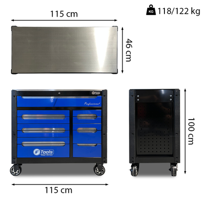 Wózek warsztatowy FTools 12/12 PRO o wymiarach 115x46x100 cm i wadze do 122 kg w kolorze niebiesko-czarnym.