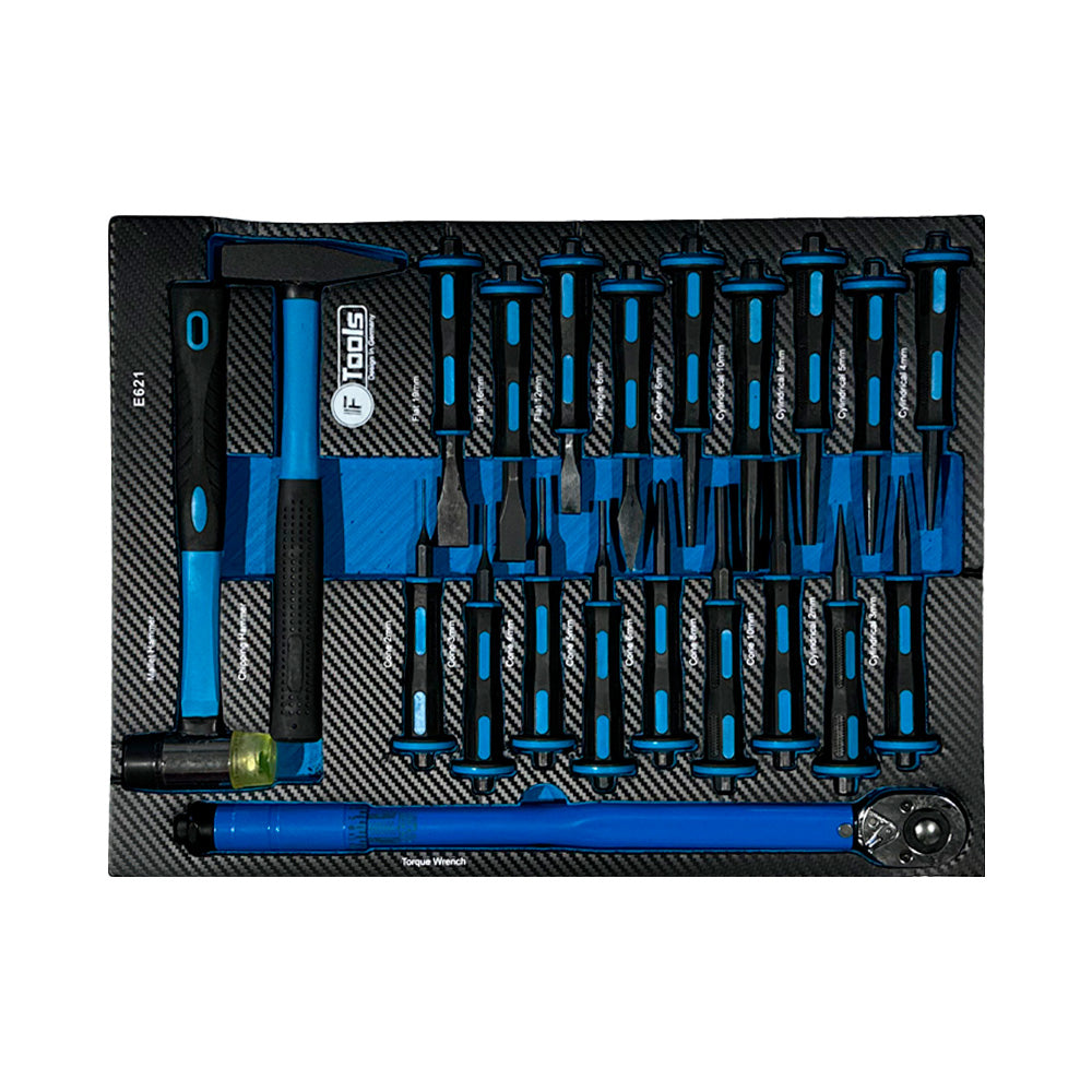 Wózek warsztatowy FTools 7/7 PRO – wkład z dłutami, dwoma młotkami oraz długim kluczem dynamometrycznym