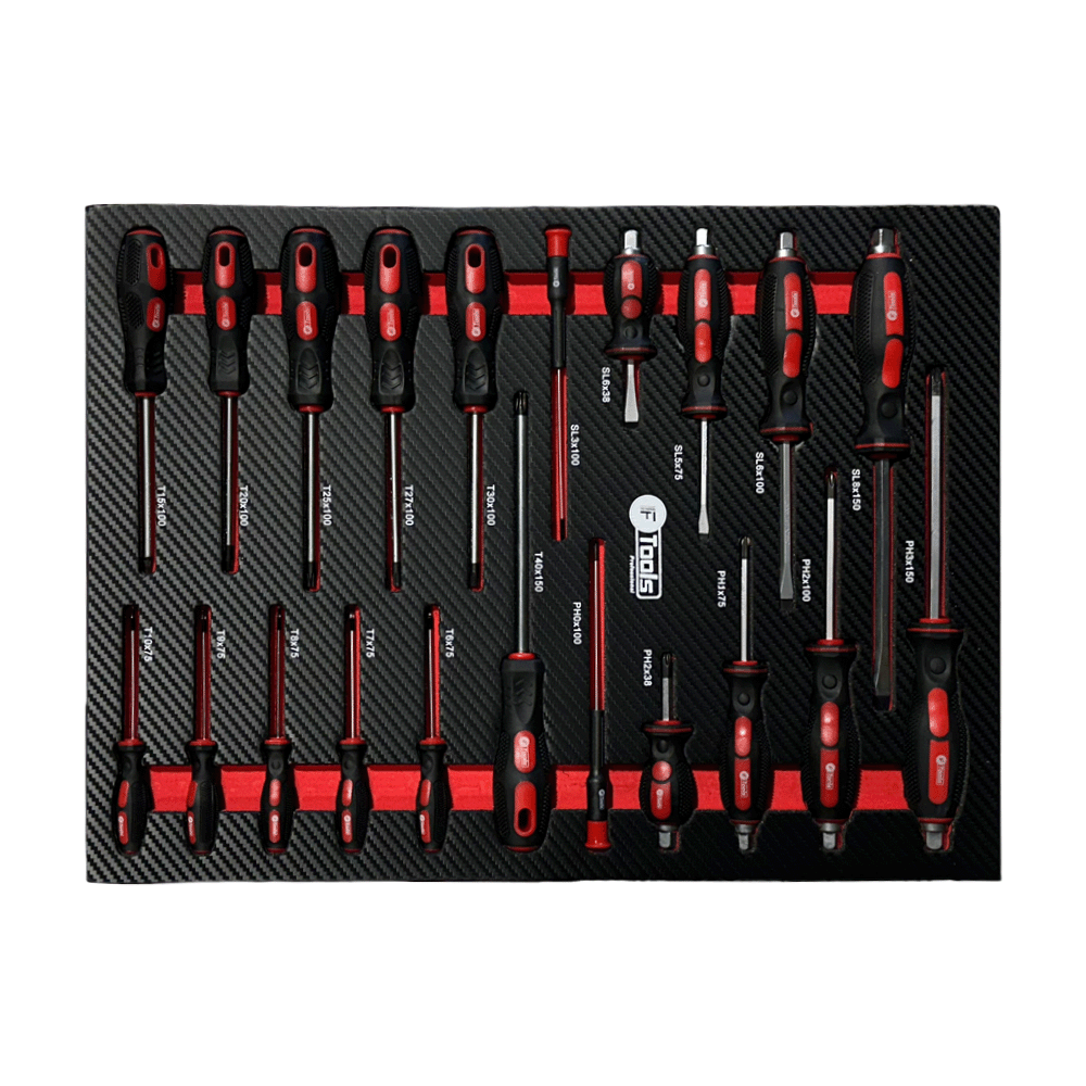 Wkrętaki udarowe Go-Thru, śrubokręty Torx i precyzyjne we wkładzie piankowym do wózka FTools FT1014.