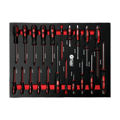Wkrętaki udarowe Go-Thru, śrubokręty Torx i precyzyjne we wkładzie piankowym do wózka FTools FT1014.