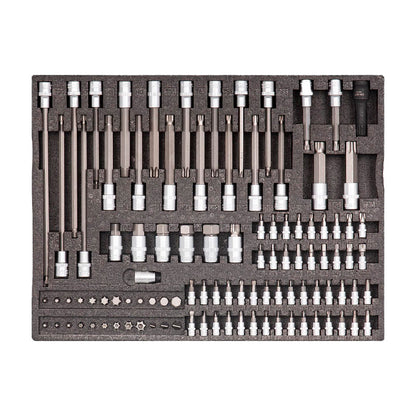 Zestaw kluczy nasadowych i adapterów Torx w organizerze, narzędzia mechaniczne do warsztatu
