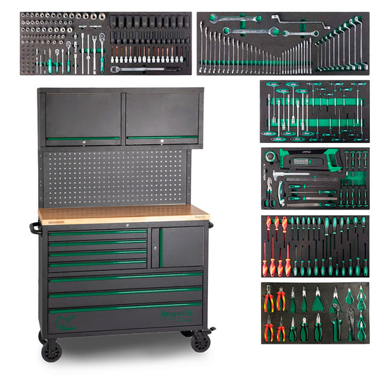 Profesjonalny wózek warsztatowy Jungwille Hockenheim 10/6 z pełnym zestawem 272 elementów – klucze, nasadki, śrubokręty, szczypce i akcesoria w piankowych wkładach, idealny do warsztatów i serwisów.