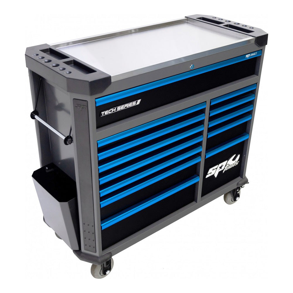 Wózek warsztatowy pusty SP Tools Tech Series z niebieskimi uchwytami i metalowym blatem.