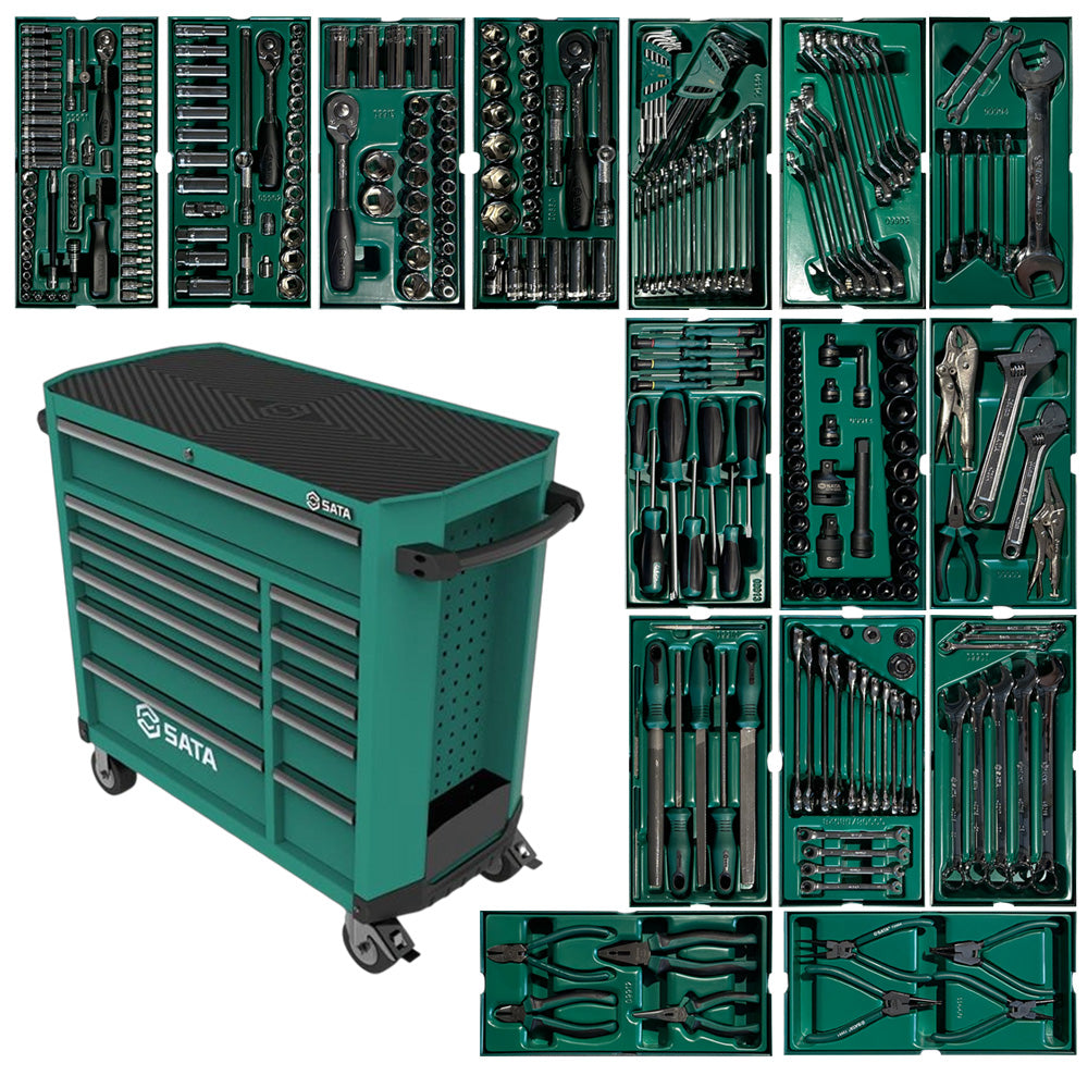 Wózek warsztatowy SATA ST95114G PRO zielony z kompletem 299 elementów wkładów narzędziowych.