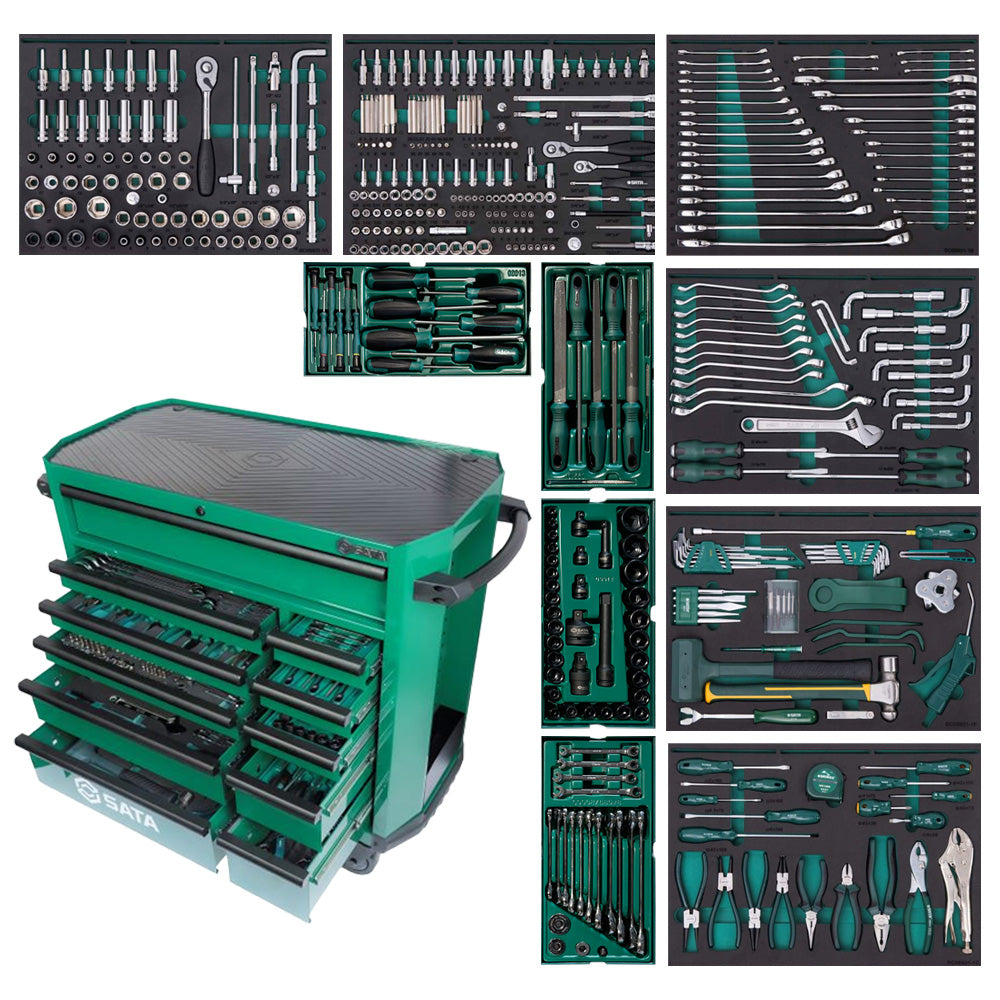 Wózek warsztatowy SATA ST95114G PRO zielony z kompletem 503 elementów wkładów narzędziowych.